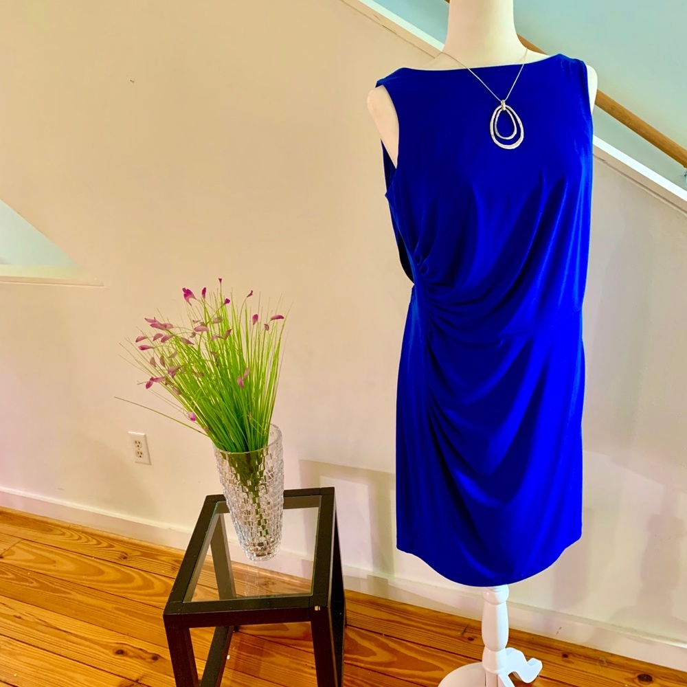 Blue Maggy London dress with gold chain detail.